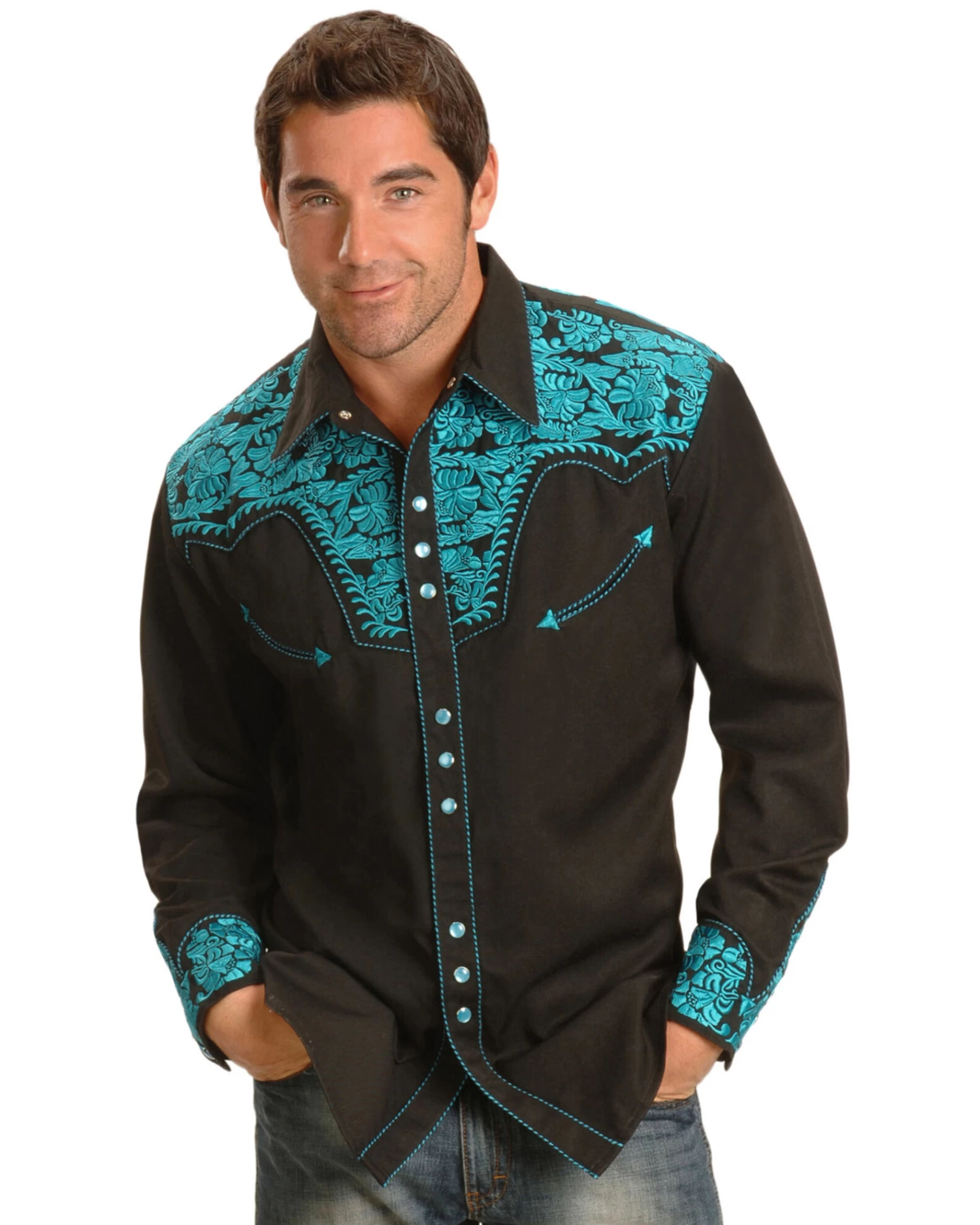 Scully Men's Gunfighter Embroidered Long Sleeve Snap Western ShirtÂ