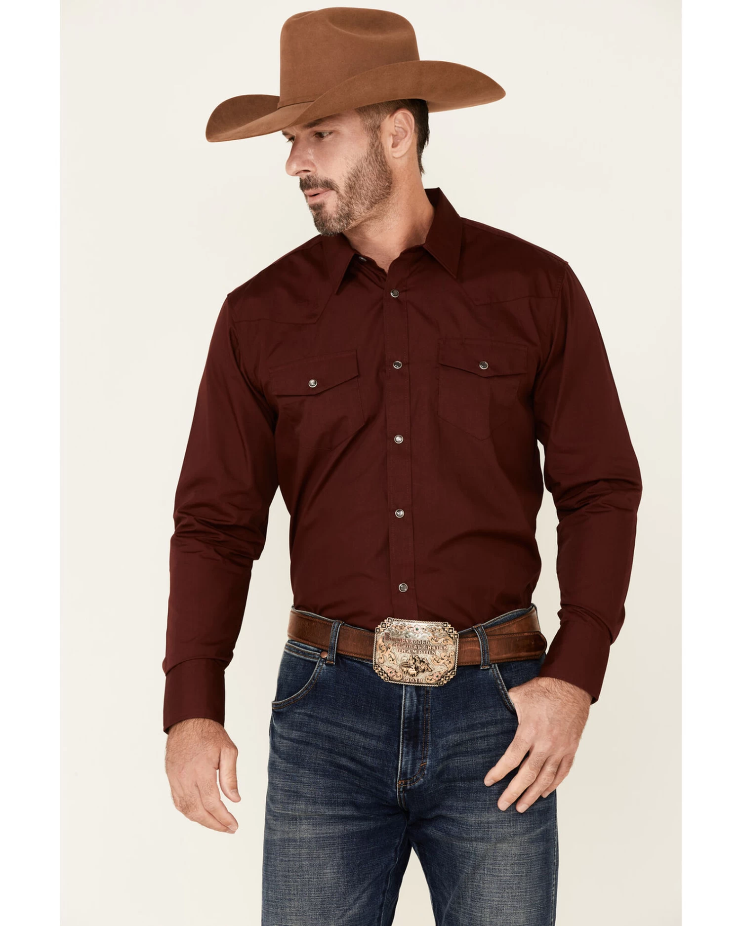 Gibson Men's Burgundy Basic Solid Long Sleeve Pearl Snap Western ShirtÂ