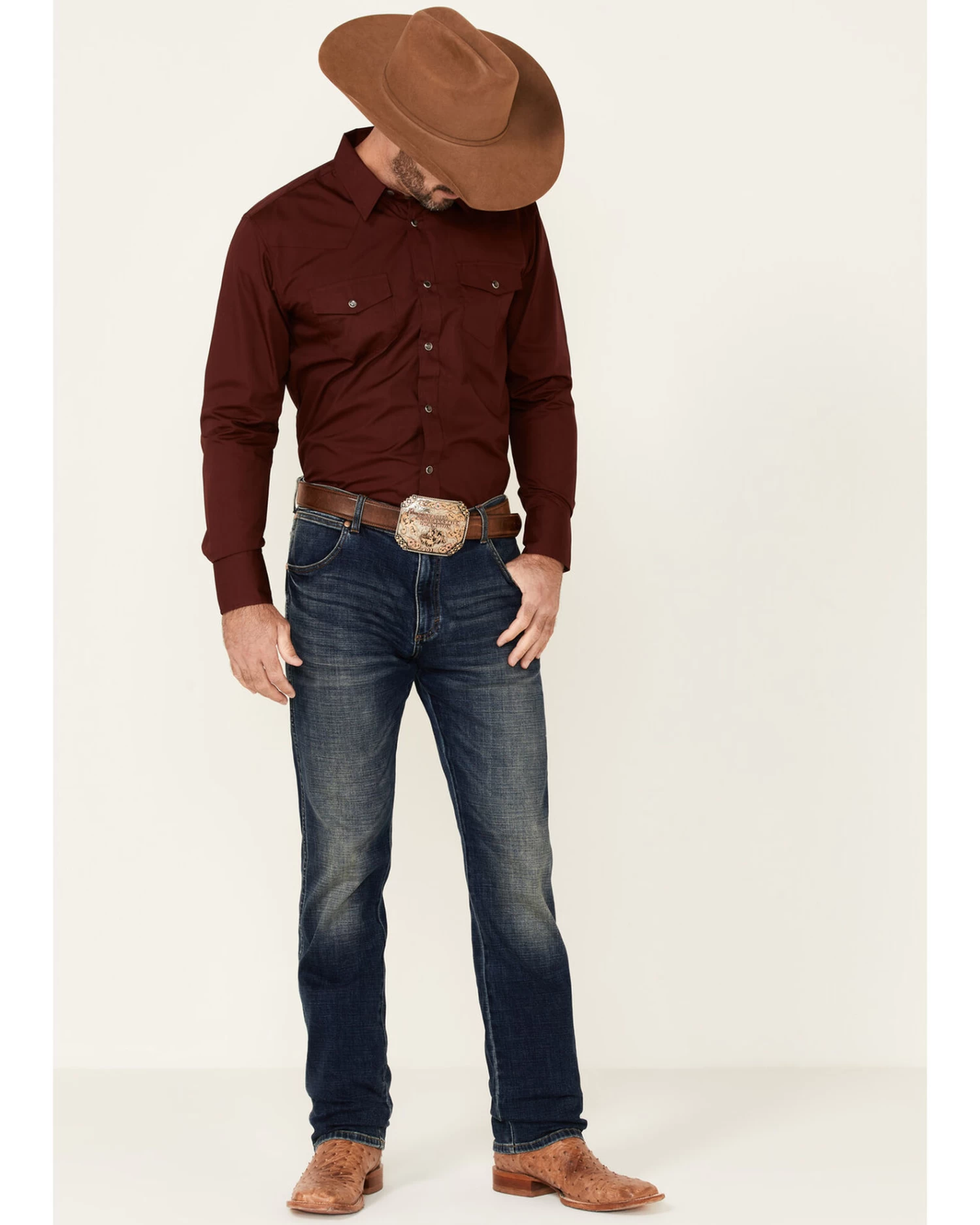 Gibson Men's Burgundy Basic Solid Long Sleeve Pearl Snap Western Shirt - Image 2