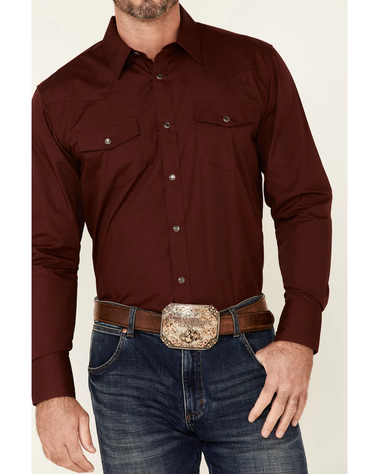 Gibson Men's Burgundy Basic Solid Long Sleeve Pearl Snap Western Shirt - Image 3