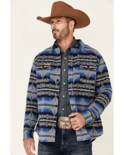 Powder River Outfitters Men's Blue Southwestern Print Button-Front Wool Shirt Jacket 