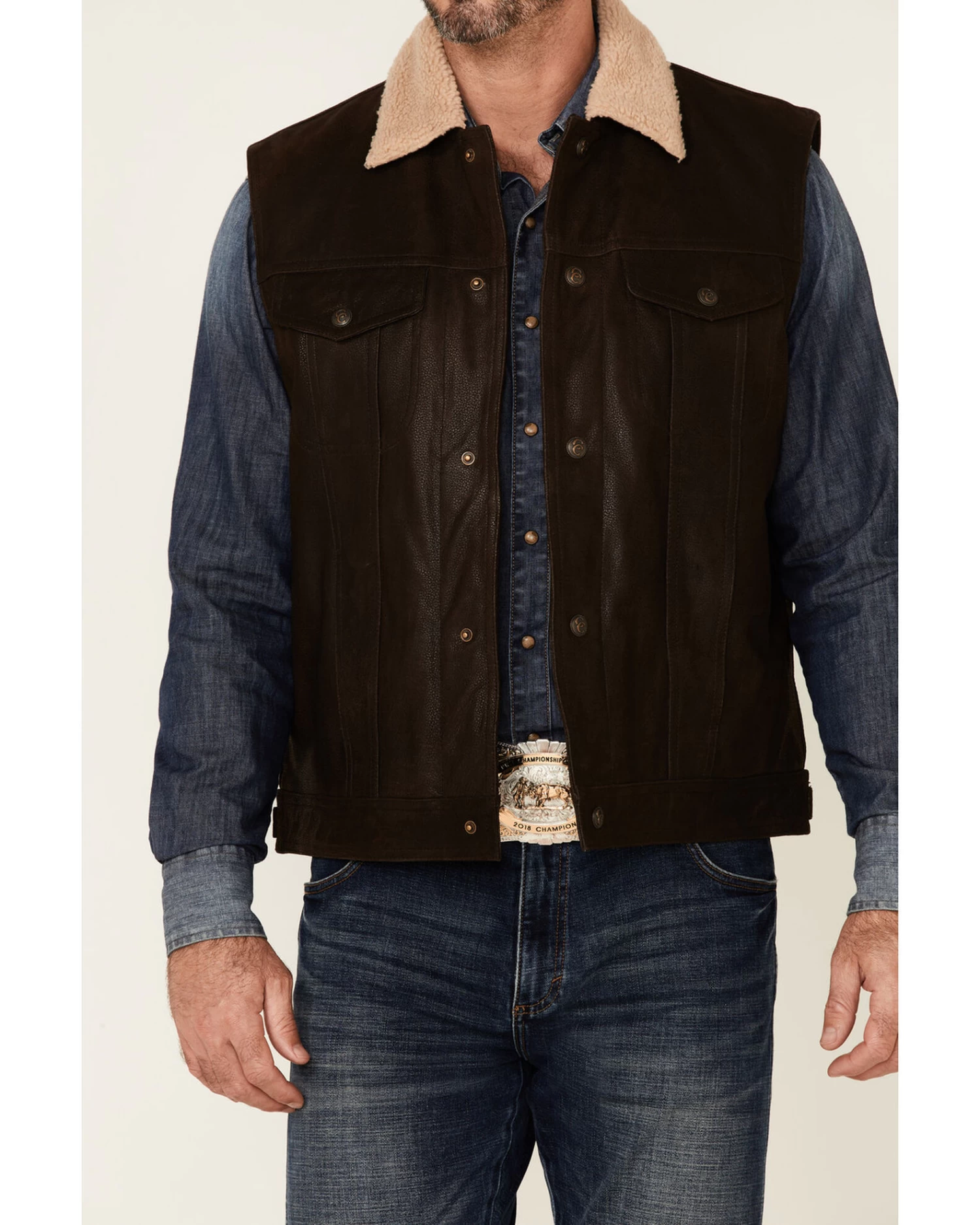 Cripple Creek Men's Mocha Lightweight Buffalo Nappa Snap-Front Leather Vest - Image 3