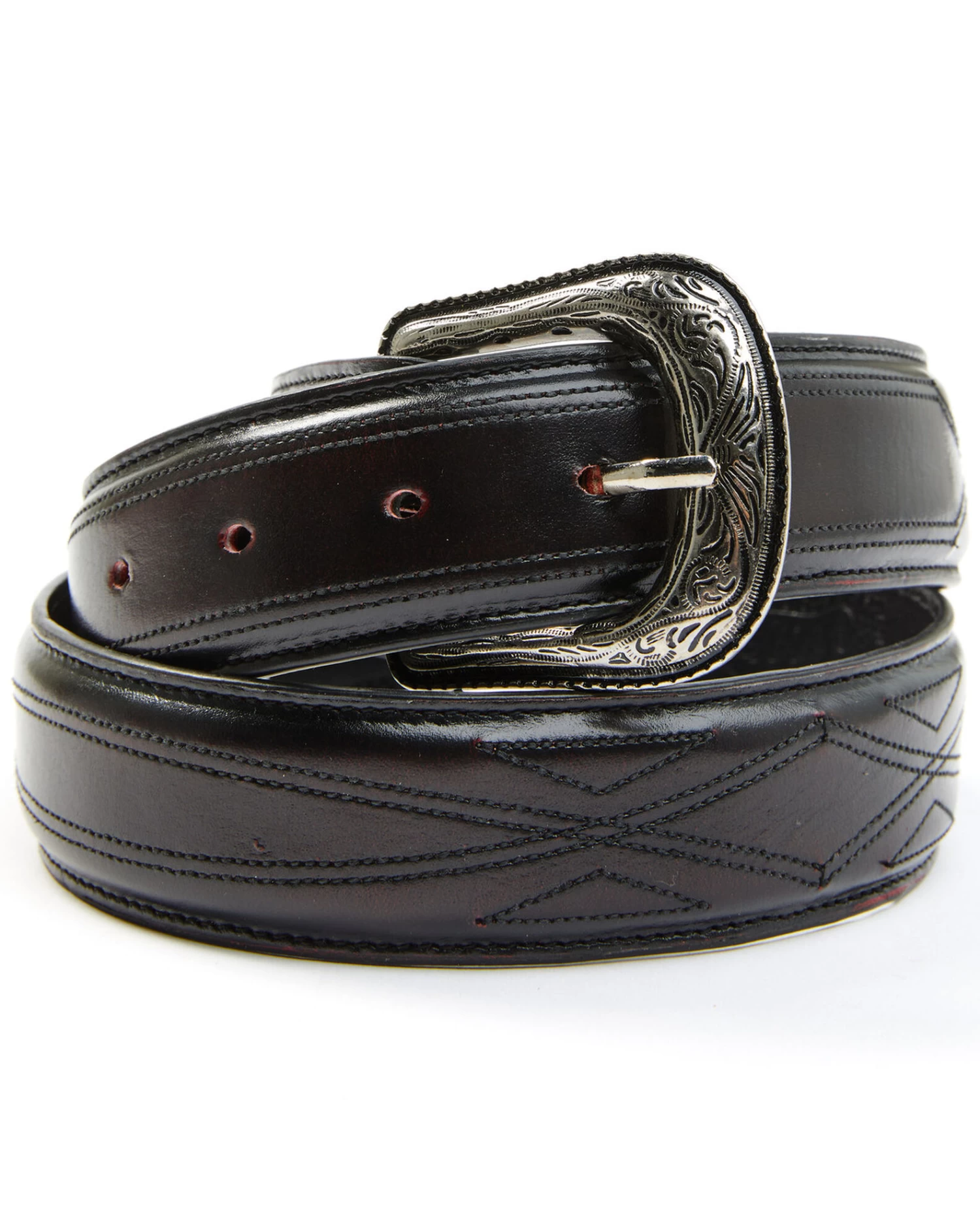Moonshine Spirit Men's Black Cherry Stitched Pattern Leather Belt