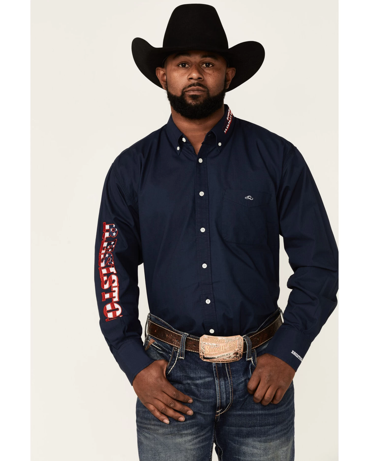 Resistol Men's Navy USA Logo Embroidered Long Sleeve Button Down Western ShirtÂ