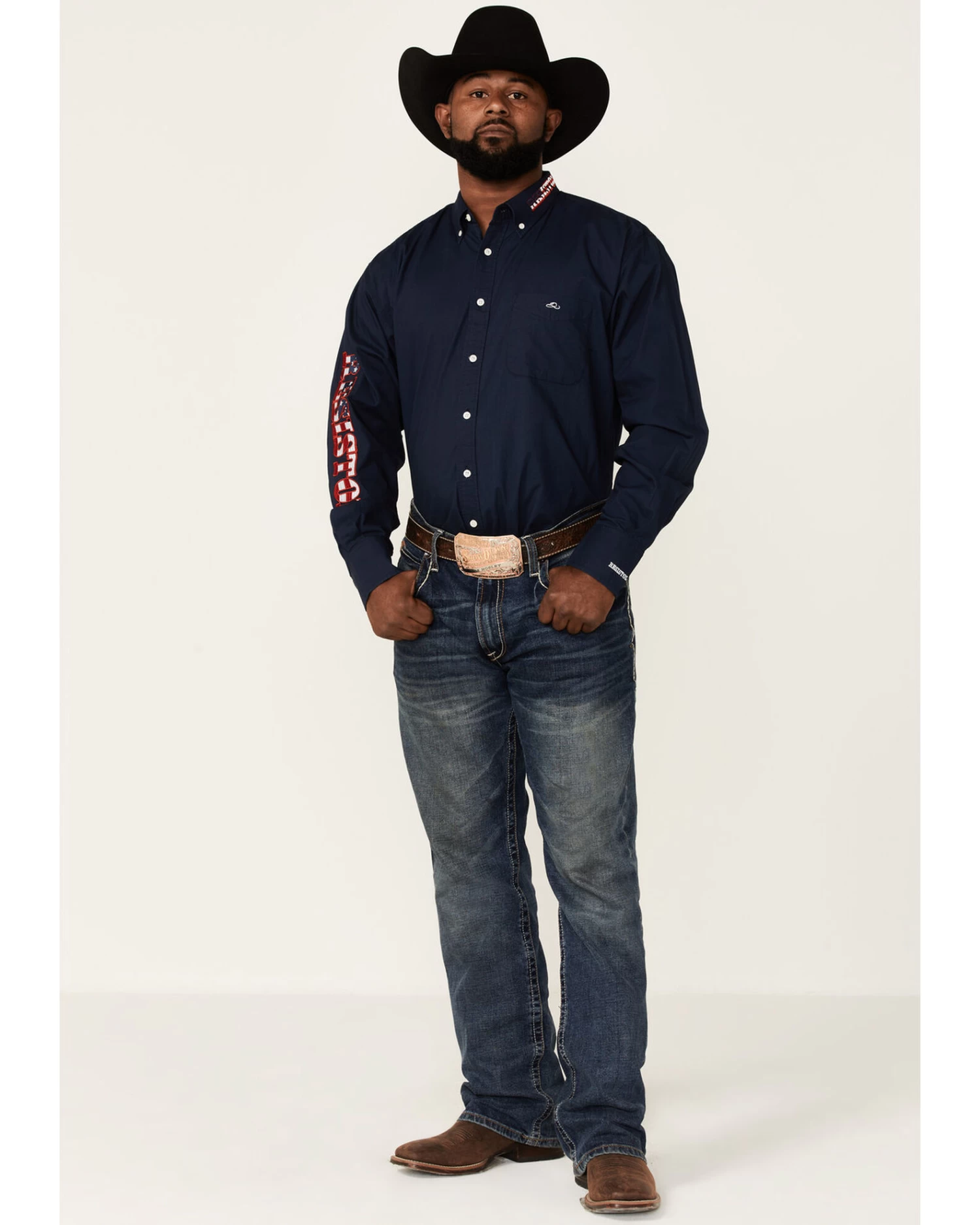 Resistol Men's Navy USA Logo Embroidered Long Sleeve Button Down Western Shirt - Image 2