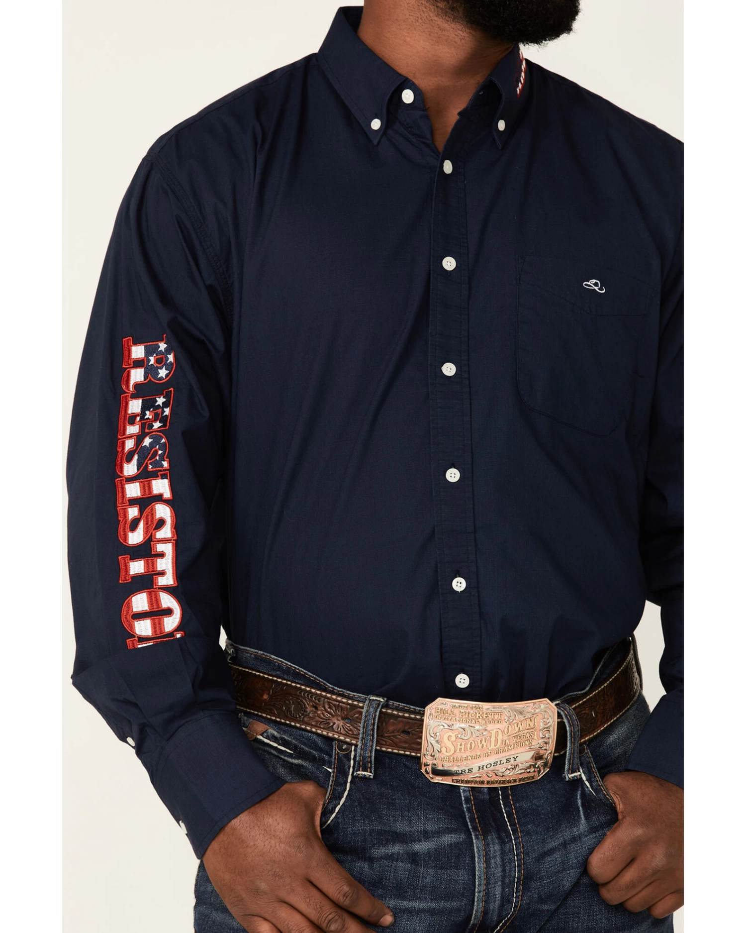Resistol Men's Navy USA Logo Embroidered Long Sleeve Button Down Western Shirt - Image 3